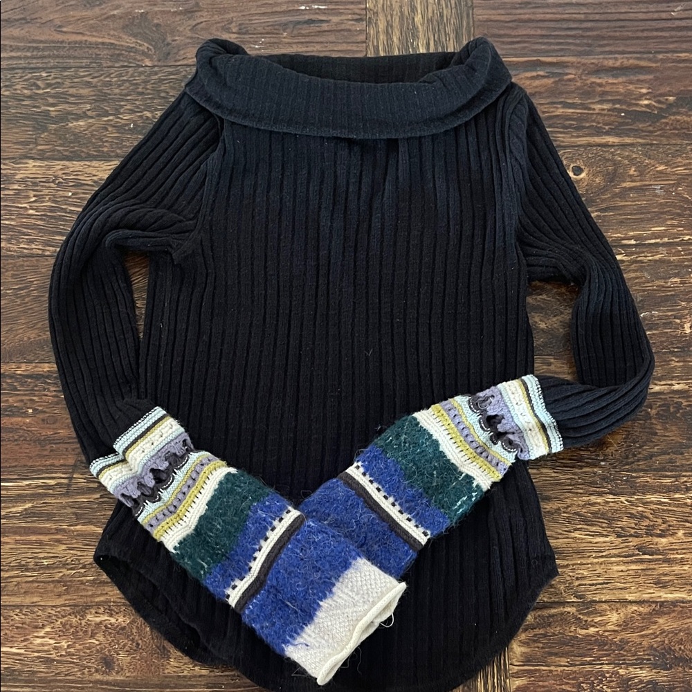 Free People Black Sweater with Colorful Sleeves